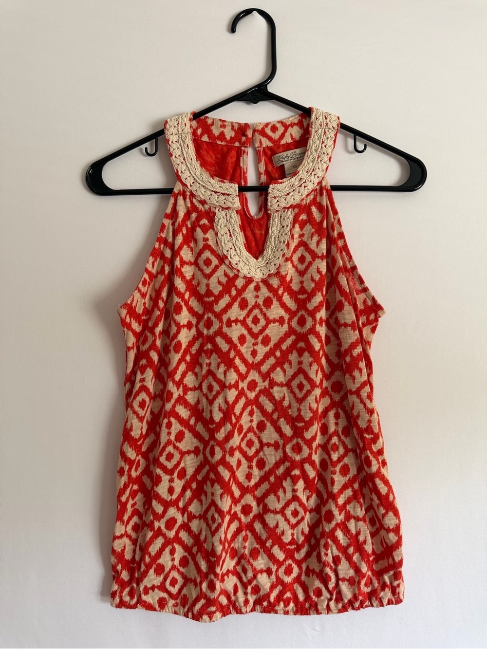 Lucky Brand Halter Top XS Orange Ikat Crochet Trim Boho Chic Resortwear
